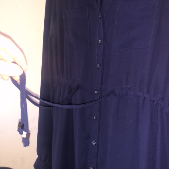 Vintage F21 long sleeve button down drawstring tie waist down navy mini dress - Picture 7 of 9